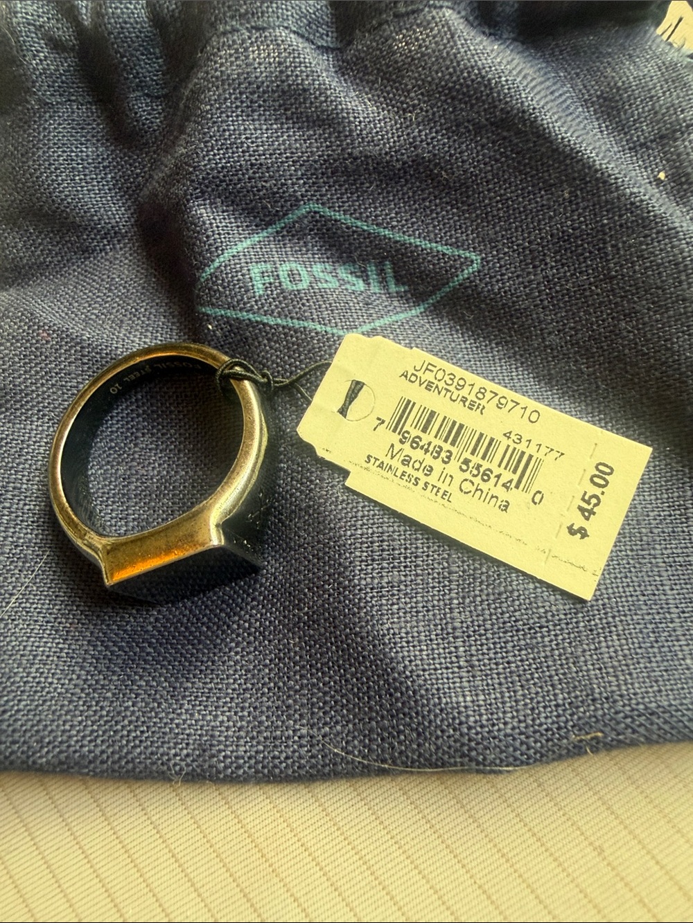 Fossil Adventurer Stainless Steel Black Signet Ring NWT $45